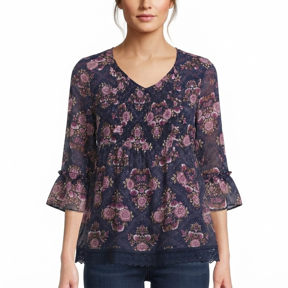 Knox Rose Blouse Womens M Navy Floral Smocked 3/4 Bell Sleeve Crochet Trim